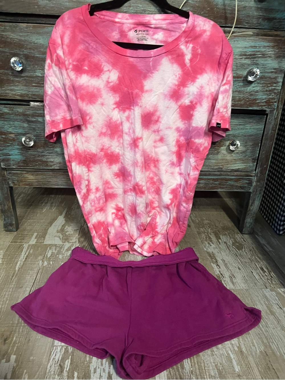 💗PINK VS 2PC(L)Set!Magenta FoldDown LOGO Waist fleece Short&Pink TieDye Crew Tee
